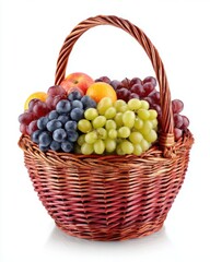 Still life close up of a wicker basket overflowing with fresh grapes apples and oranges on white background