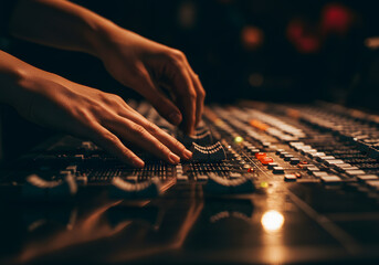 Hands adjusting audio mixing console