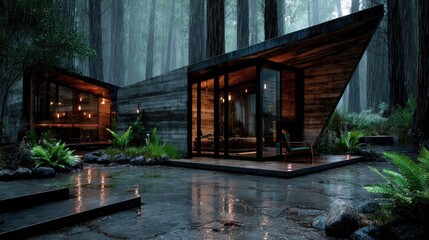 Obraz premium Forest Retreat Modern cabin in a misty redwood forest with rain, and light.