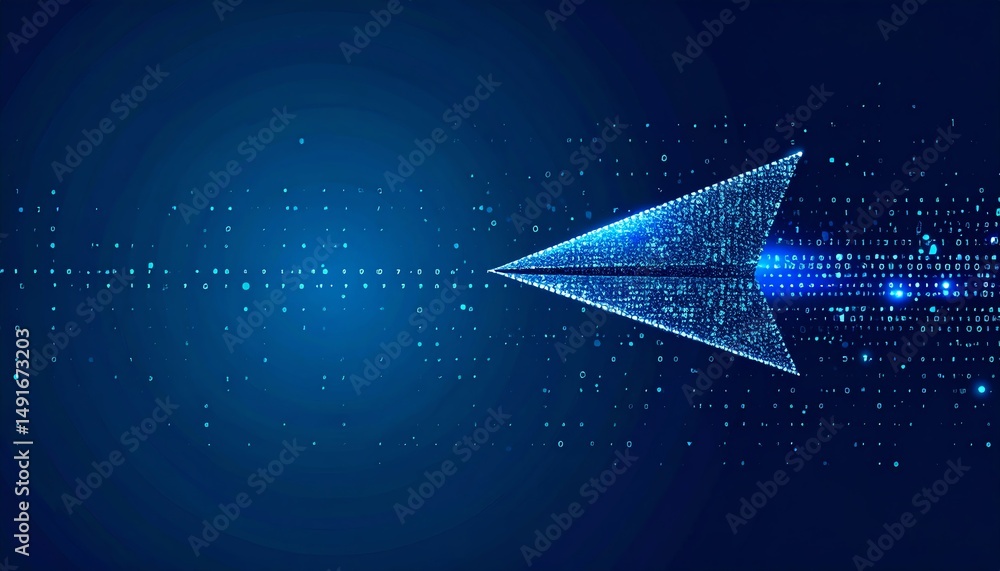 Poster a digital arrow composed of binary code, symbolizing technology and data movement against a blue bac
