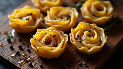 Top view of pasta nests, olive oil, and cracked pepper on dark wooden table with dramatic light angle

