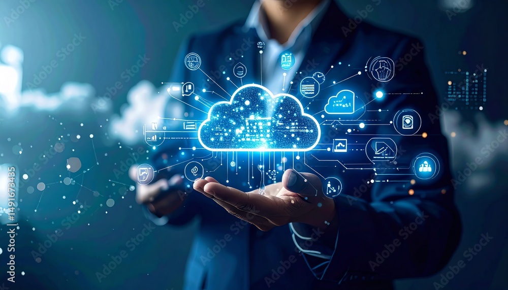 Poster a person in a suit holds a digital cloud, surrounded by icons representing technology and data manag