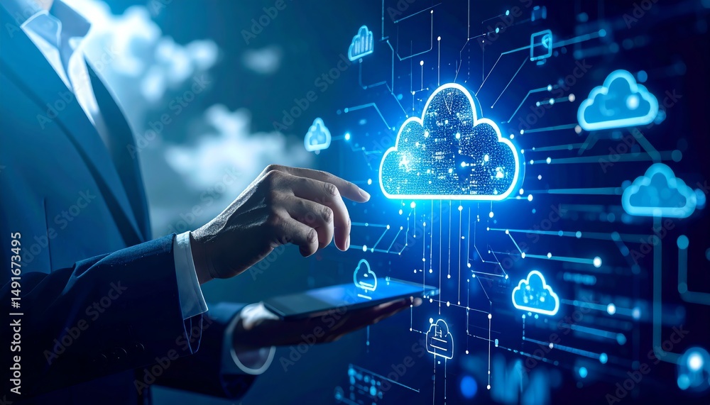 Poster a person in a suit interacts with a digital cloud interface, symbolizing cloud computing and technol