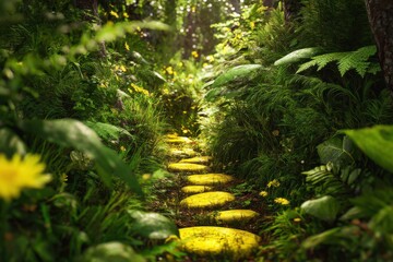 Fototapeta premium Enchanted Forest Path with Yellow Stepping Stones in Lush Greenery, Eye-Level View, Magical Woodland Scene