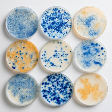 Petri dish cultures displaying bacterial growth in a laboratory setting overhead shot for scientific research and experimentation