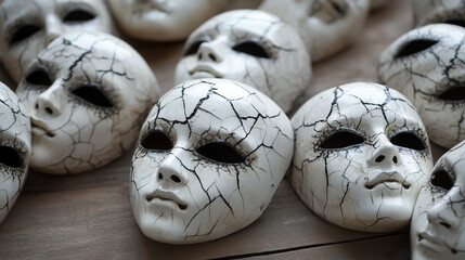 A group of white cracked porcelain masquerade masks with black cracks on the faces, arranged on an old wooden table