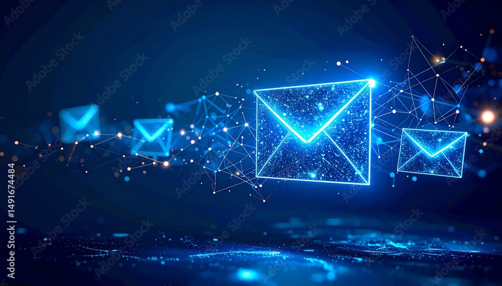 Poster a digital representation of glowing envelopes, symbolizing email communication and technology in a f