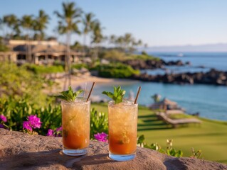 Obraz premium Two tropical cocktails on stone wall overlooking ocean resort in Maui Hawaii at sunset landscape view