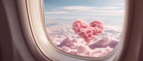 Naklejka premium Heart Cloud Seen From Airplane Window Romantic Sky View Travel Concept Dreamy Pink Clouds Above The World