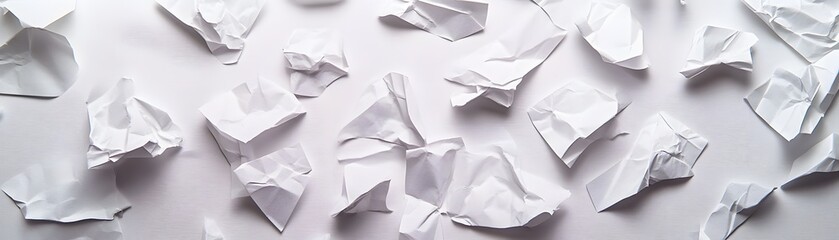 Obraz premium Crumpled white paper scattered across a surface.