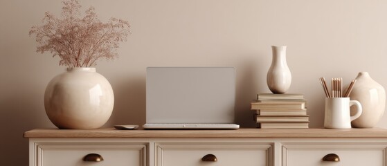 Laptop and Vases on Wooden Dresser in Neutral Tones Still Life Close Up Interior Design Home Decor