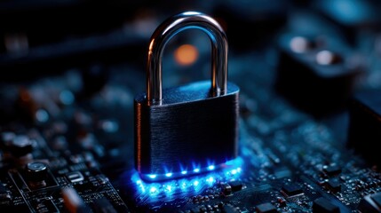 Padlock Securing Data on Circuit Board Close Up Security Concept Cyber Protection Digital Safety