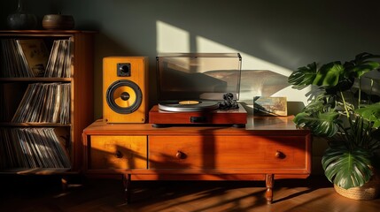 Vintage record player with speakers and vinyl collection in cozy room
