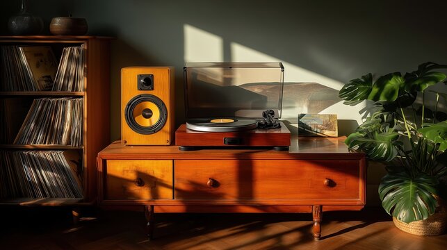 Vintage record player with speakers and vinyl collection in cozy room