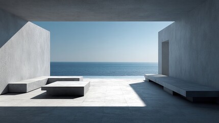 Seascape View from Minimalist Concrete Structure under Clear Blue Sky.