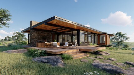 Modern luxury home with deck in a green landscape.