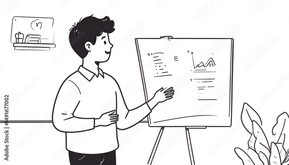 Poster presentation sketch: man explaining charts on easel, office setting.