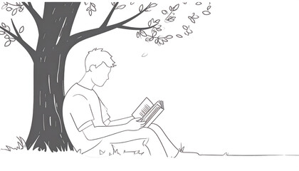 Line Art: Person Reading Under a Tree, Solitary Moment, Outdoor Relaxation, Nature and Literature.