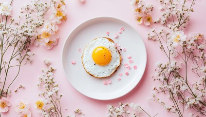 Perfectly fried egg yolk centered on a white plate, adorned with pink confetti and surrounded by delicate pink flowers on a pink background