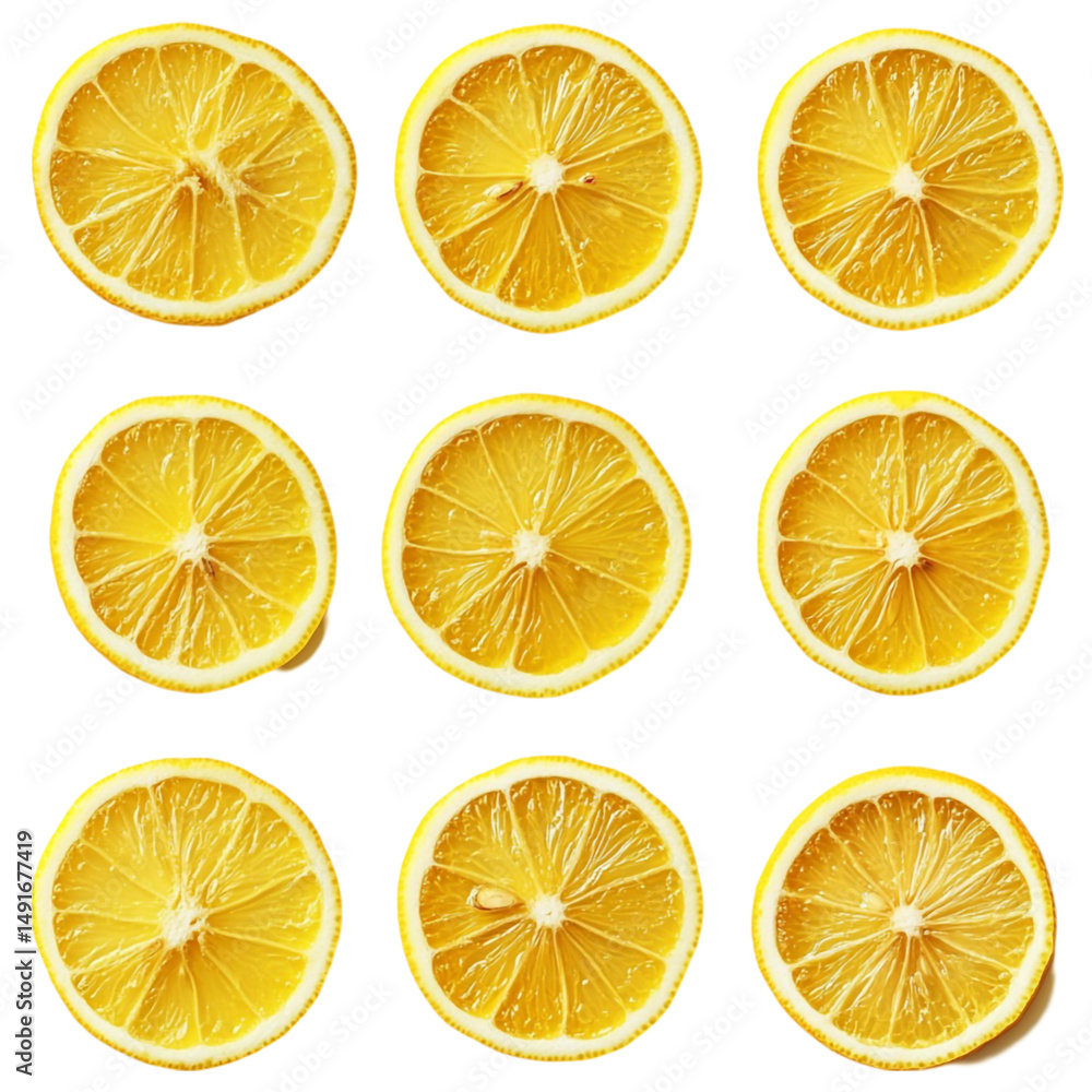 Poster nine lemon slices arranged in a grid on a colorful background