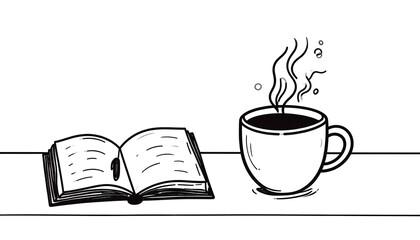 Book open, steaming cup: Simple line art illustration of reading and relaxation.