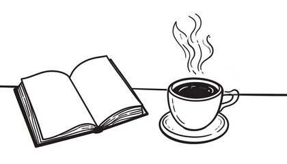 Open Book and Steaming Coffee Cup: Simple Line Art Illustration, Reading Break Concept.