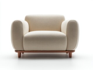 Isolated Cream Armchair Studio Shot Front View Demonstrating Modern Furniture Design and Premium Upholstery with Wooden Base and Legs on White Background