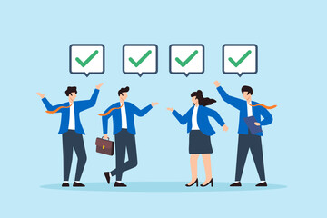 Flat illustration of business people agreeing on completed tasks with check marks team approval consensus collaboration agree to work together and project agreement