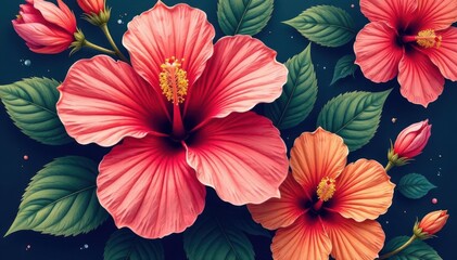 Bold hibiscus print, stylized petals, geometric accents , art, petals
