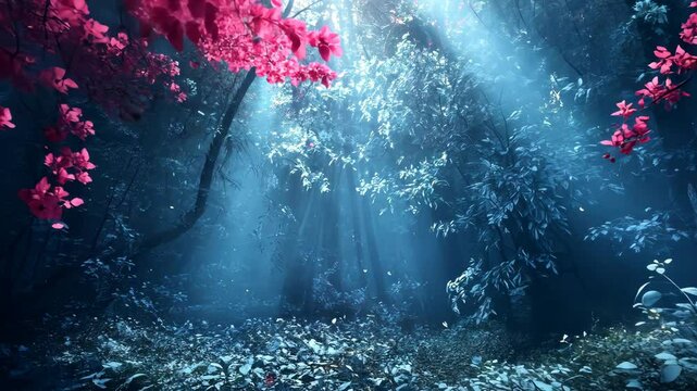 Enchanting winter forest scene with pink blossoms, sun rays filtering through snow-covered trees