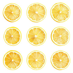 Nine lemon slices on yellow background with colorful stripes