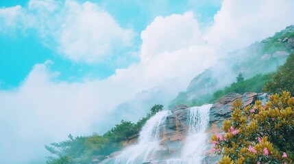 Fototapeta premium Serene Waterfall Cascading Down Misty Mountainside