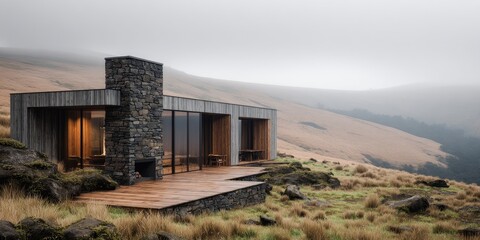 Fototapeta premium Modern Mountain Retreat Stone with Wood, and and Glass Cabin on Hillside.