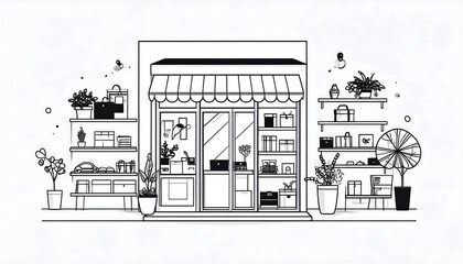 Hand-drawn storefront: Plants, shelves, and striped awning in monochrome.