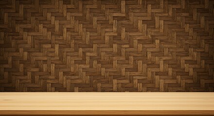Empty wooden table and bamboo fence or wall texture background room interior background