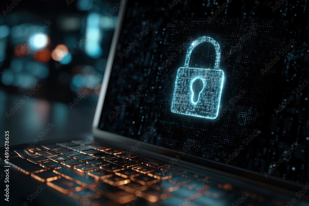 Poster laptop displaying digital padlock representing cybersecurity and data protection on screen close up 