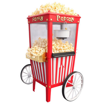 Red popcorn machine with popcorn ready, great for food business promotions, movie nights, and popcorn lovers designs or advertising campaigns.
