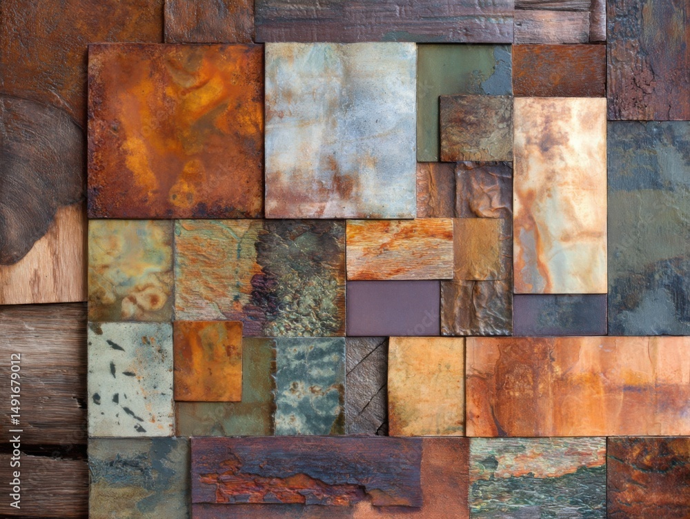 Poster rustic wood and stone tile mosaic background texture close up overhead shot for design element and m