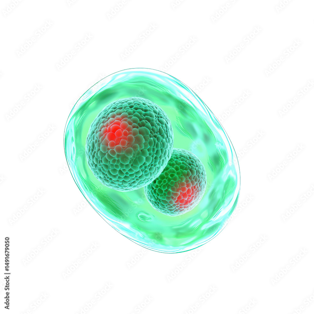 Poster highly detailed microscopic view of a cell division process showing two green cells with red nuclei 