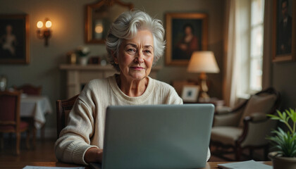Fototapeta premium Elderly woman using laptop while sitting at table in cozy living room 
