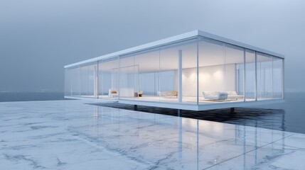 Obraz premium Modern Glass House Tranquil Coastal Living with Serene Ambiance.