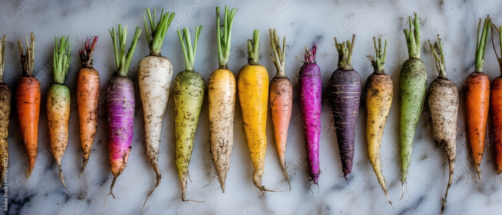 Poster fresh colorful heirloom carrots displayed in a row on marble surface overhead shot farm to table org