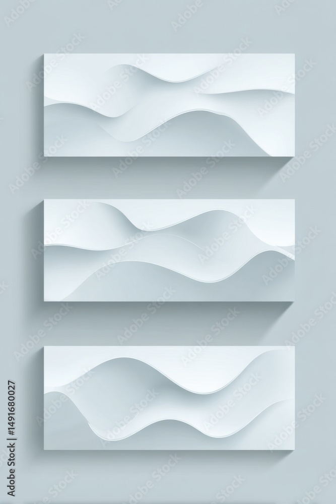 Poster three white abstract wave panels stacked vertically on a light gray background studio shot graphic d
