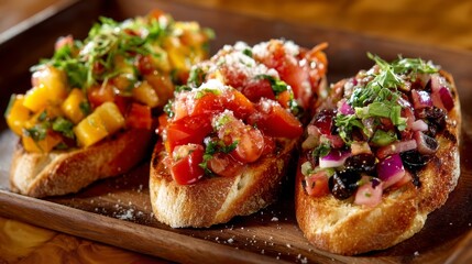 Trio of colorful bruschetta with various toppings