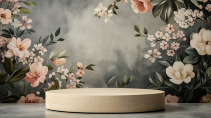 Elegant Wooden Podium Against Floral Wallpaper Background