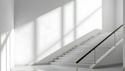 Obraz premium Empty stairwell with railing casting long shadows on white walls