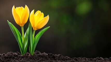 Obraz premium Early spring, awakening and budding concept. Two vibrant yellow tulips emerge from dark soil, showcasing their delicate petals against a blurred green background.