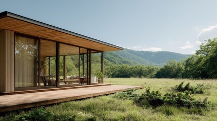 Fototapeta premium Modern Cabin Retreat Glass Walls with Lush Meadow, and Mountain View Serenity.