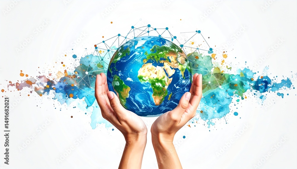 Poster a pair of hands hold a vibrant, artistic representation of earth, surrounded by colorful splashes an