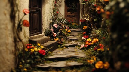 Detailed miniature pathway lined with blossoms and stone steps.